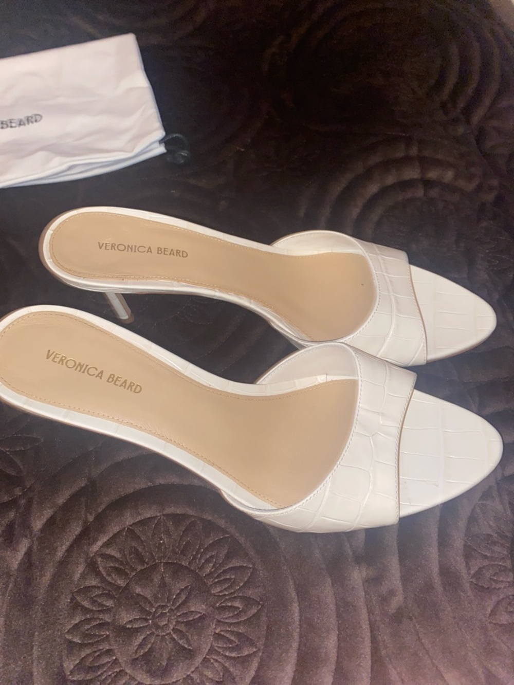 Veronica Beard Ivory Croc-Embossed Slide Mules - Picture 10 of 11